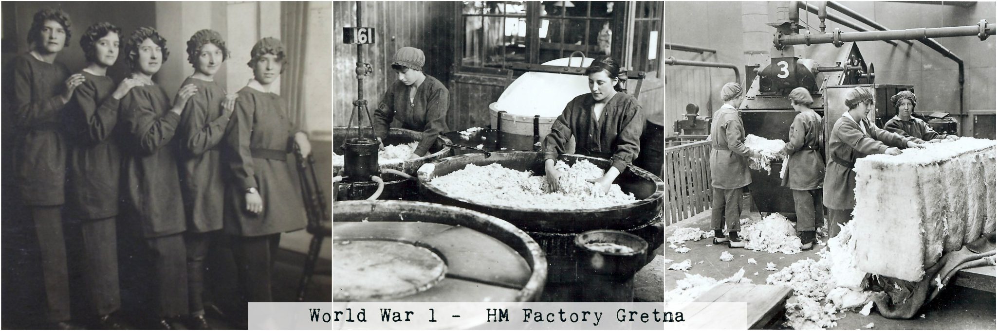 A collage of three photos. From left to right these are of: A row of five munition workers in uniform, two munition workers mixing a porridge like substance in large pans and four munition workers working with a large bale of material. Text at the lowest edge of the photos reads "World War 1 - HM Factory Gretna."