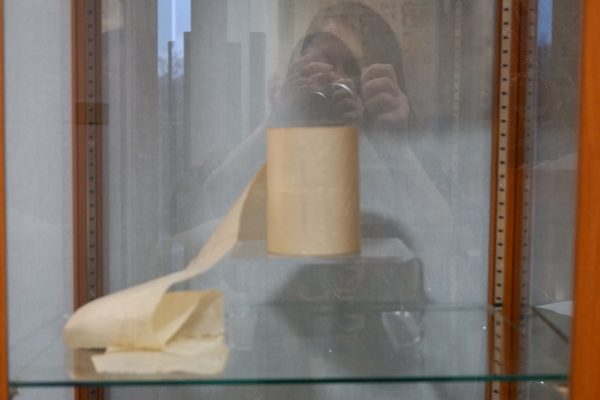 A toilet roll on presented in a display case.