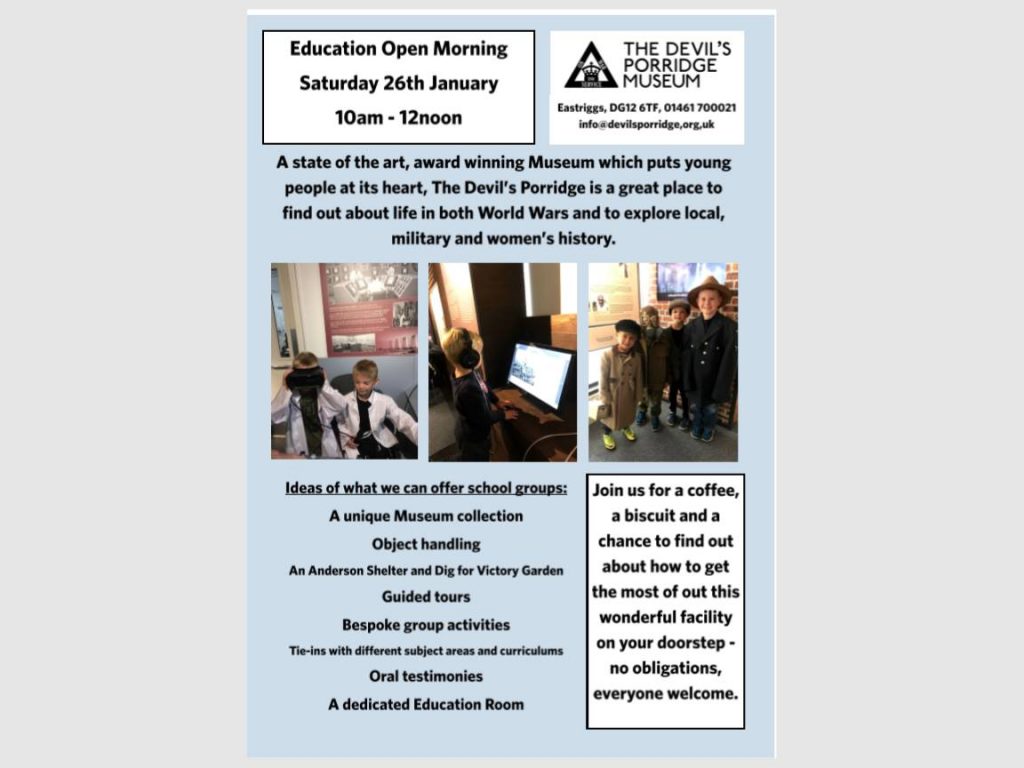 Poster for an education open morning held at The Devil's Porridge Museum in January 2019.