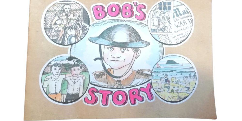 The front cover of Bob's Story. This features an illustration of a soldier. It also has four smaller illustrations of a newspaper, a beech, two children and another soldier with two children.