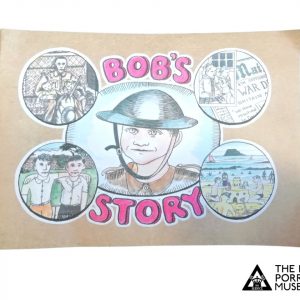 The front cover of Bob's Story. This features an illustration of a soldier. It also has four smaller illustrations of a newspaper, a beech, two children and another soldier with two children.