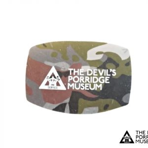 The front of a camouflage rubber with The Devil's Porridge Museum's logo on.