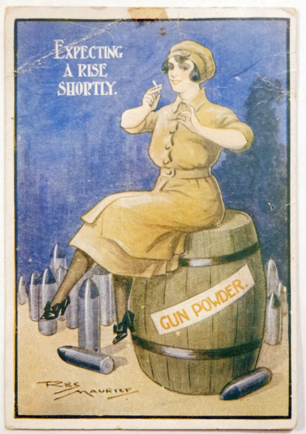 A cartoon of a muntion worker sitting on a barrel of gun powder and smoking with the words "expecting a rise shortly."