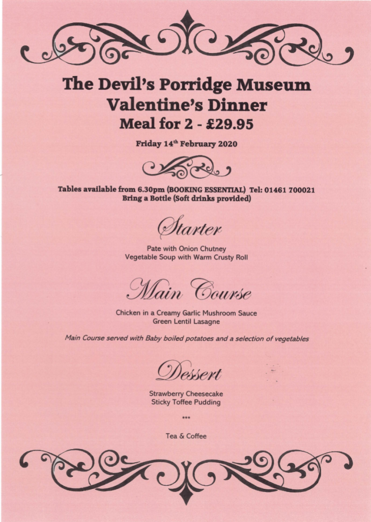 Menu for The Devil's Porridge Museum's Valentine's Dinner at The Devil's Porridge Museum on Friday 14th February 2020.