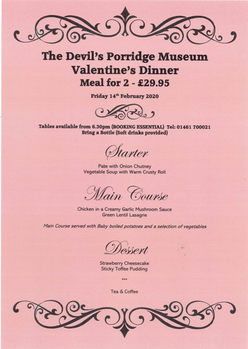 Menu for The Devil's Porridge Museum's Valentine's Dinner at The Devil's Porridge Museum on Friday 14th February 2020.