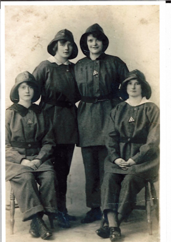 A group of munition workers in there uniforms.