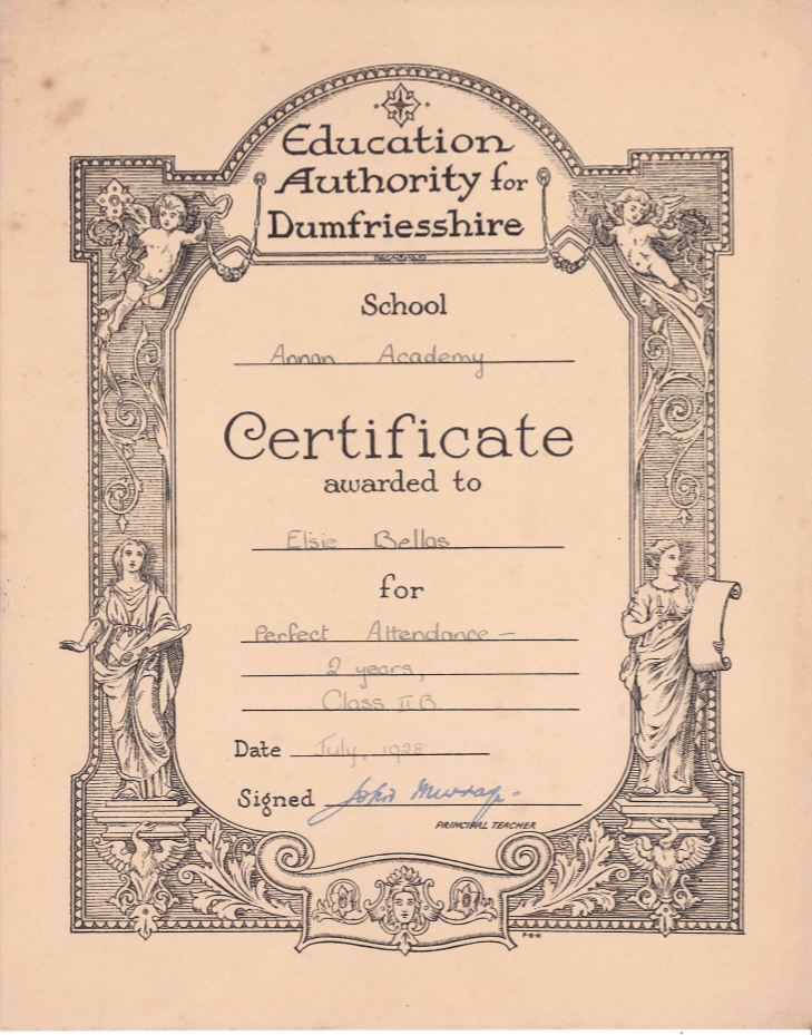 Annan Academy Certificate for perfect attendance.