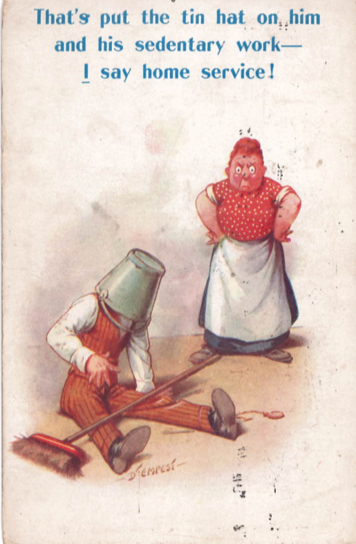 Postcard with an illustration of a angry lady and a man with a bucket on his head.
