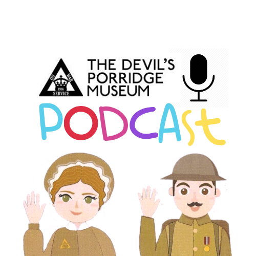 The Devil's Porridge Museum's podcast logo with a cartoon munition worker and soldier.