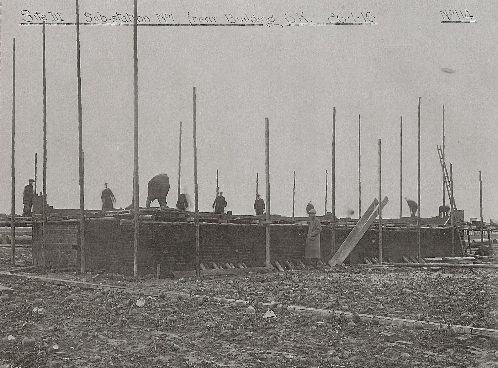 Construction of a sub-station at H M Factory Gretna in 1916. This is an archive photo.