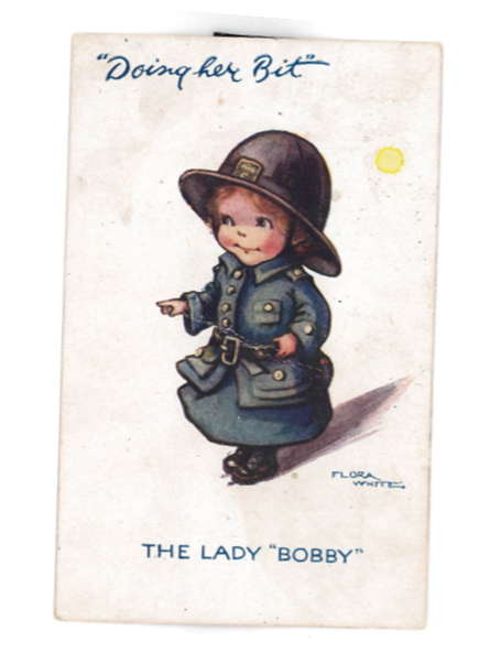 Illustration of a child dressed as a police women on a postcard.
