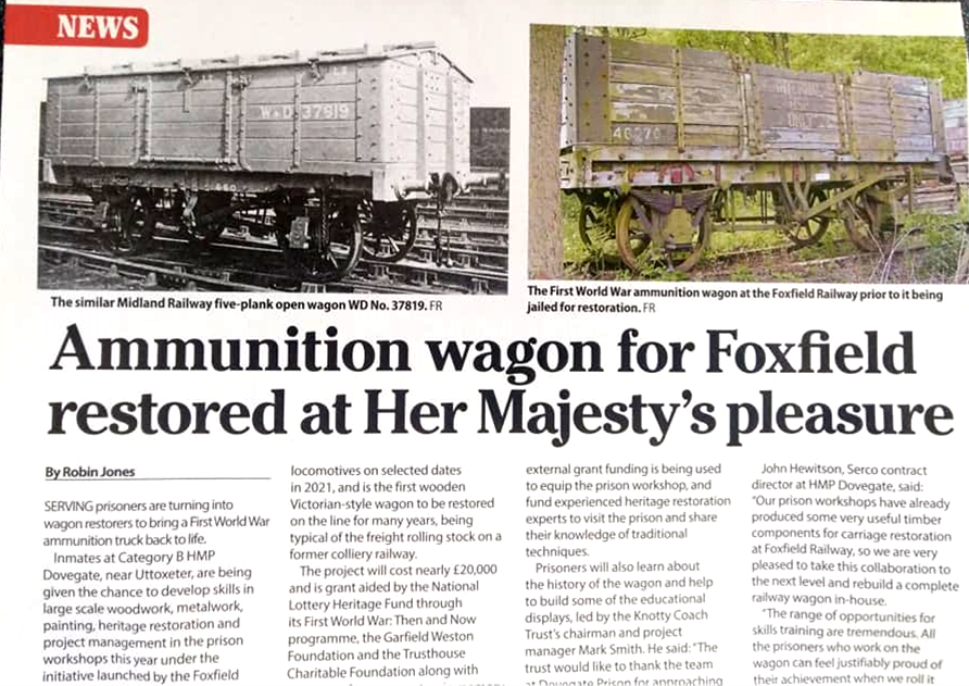 Newspaper article about an ammunition wagon for Foxfield restored at Her Majesty's pleasure.