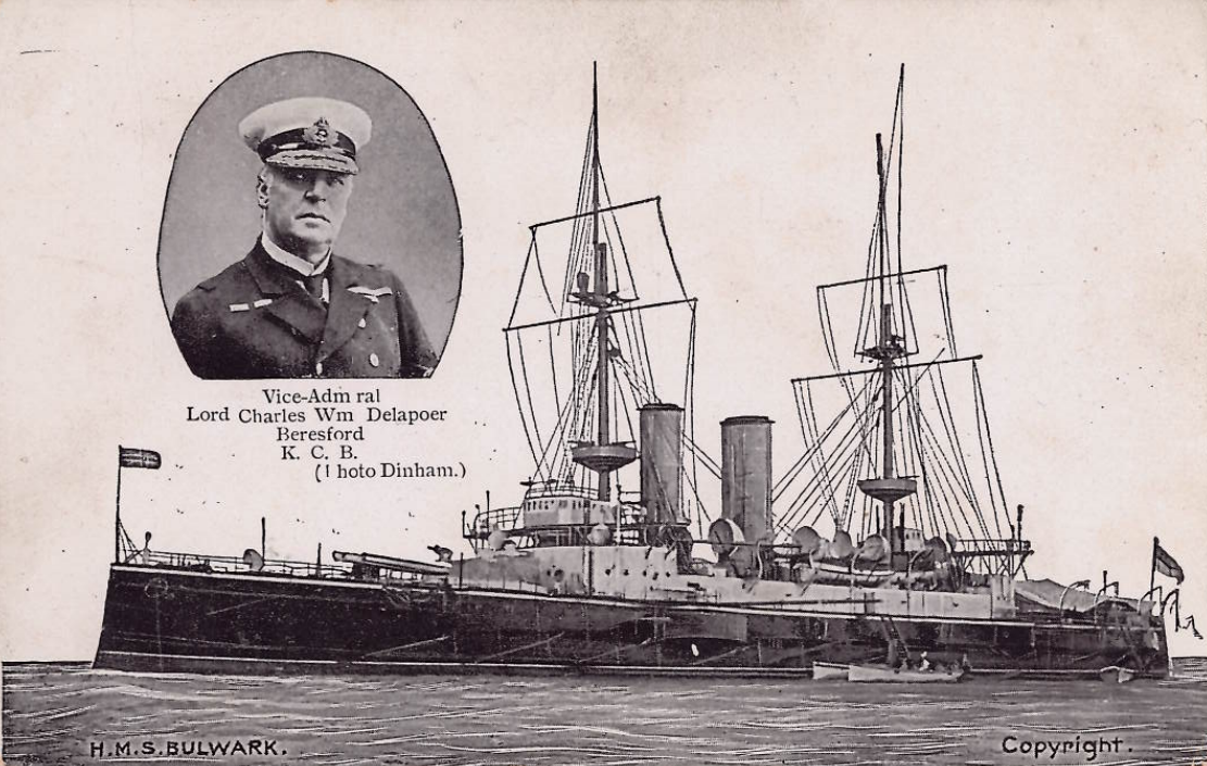 Postcard of HMS Bulwark and its vice admiral.