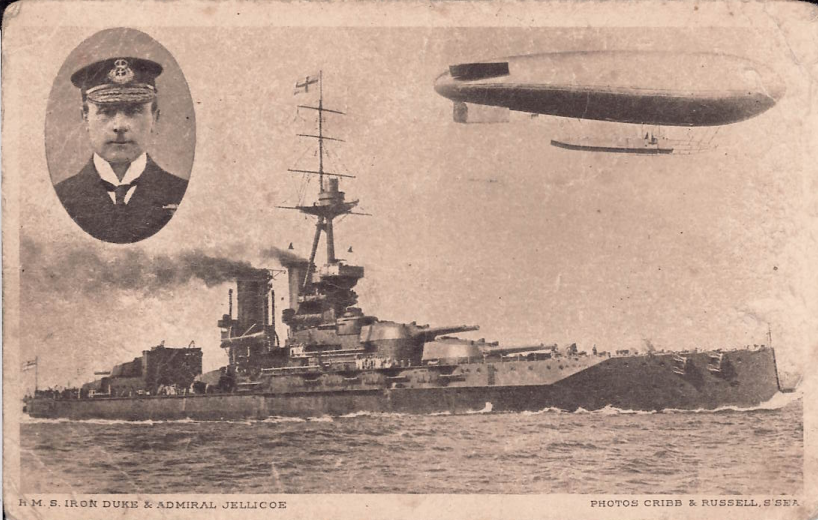 Postcard of HMS Iron Duke and Admiral Jellicok.