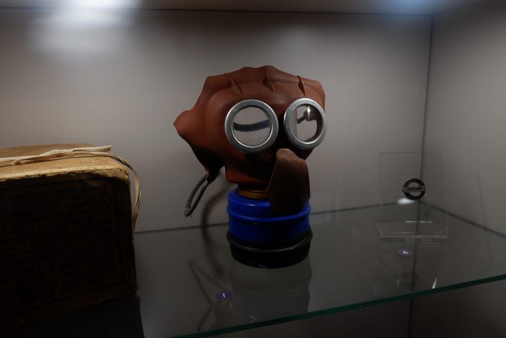 A child's Mickey Mouse Gas Mask on display in The Devil's Porridge Museum.