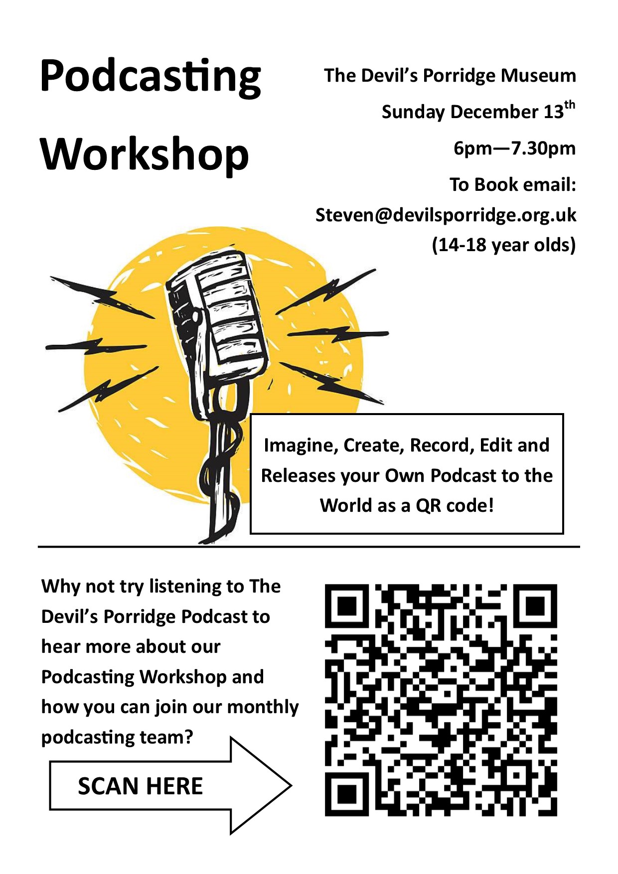Poster for a podcasting workshop on Sunday December 13th 2020.