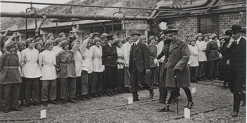 The royal visit to H.M. Factory Gretna during World War One with lots of happy munition workers.