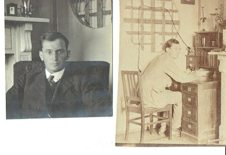 William Gidley Emmentt in two photos. In one he is sat in a chair and in the other he is working at his desk.