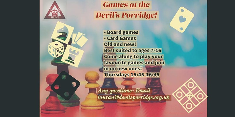 Poster for Games club at The Devil's Porridge Museum in 2021.