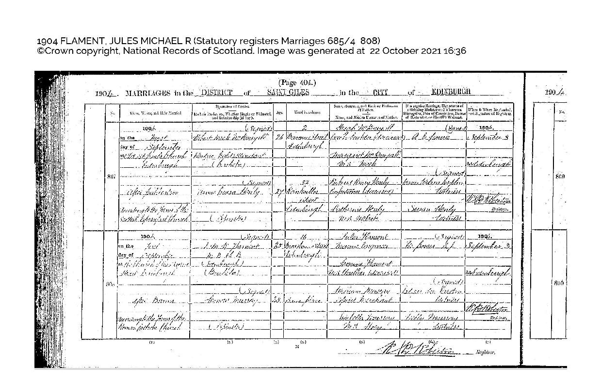 Record of marriage for Jules Michael Filament.