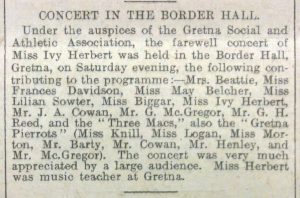 An newspaper article titled 'Concert in the Border Hall."