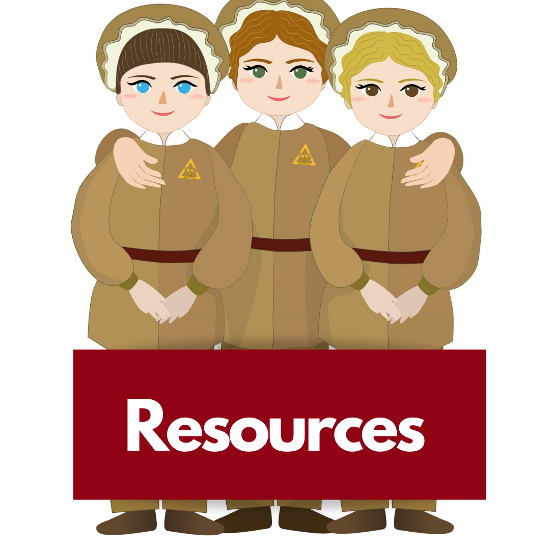 A cartoon illustration of three munition workers with the word "Resources."