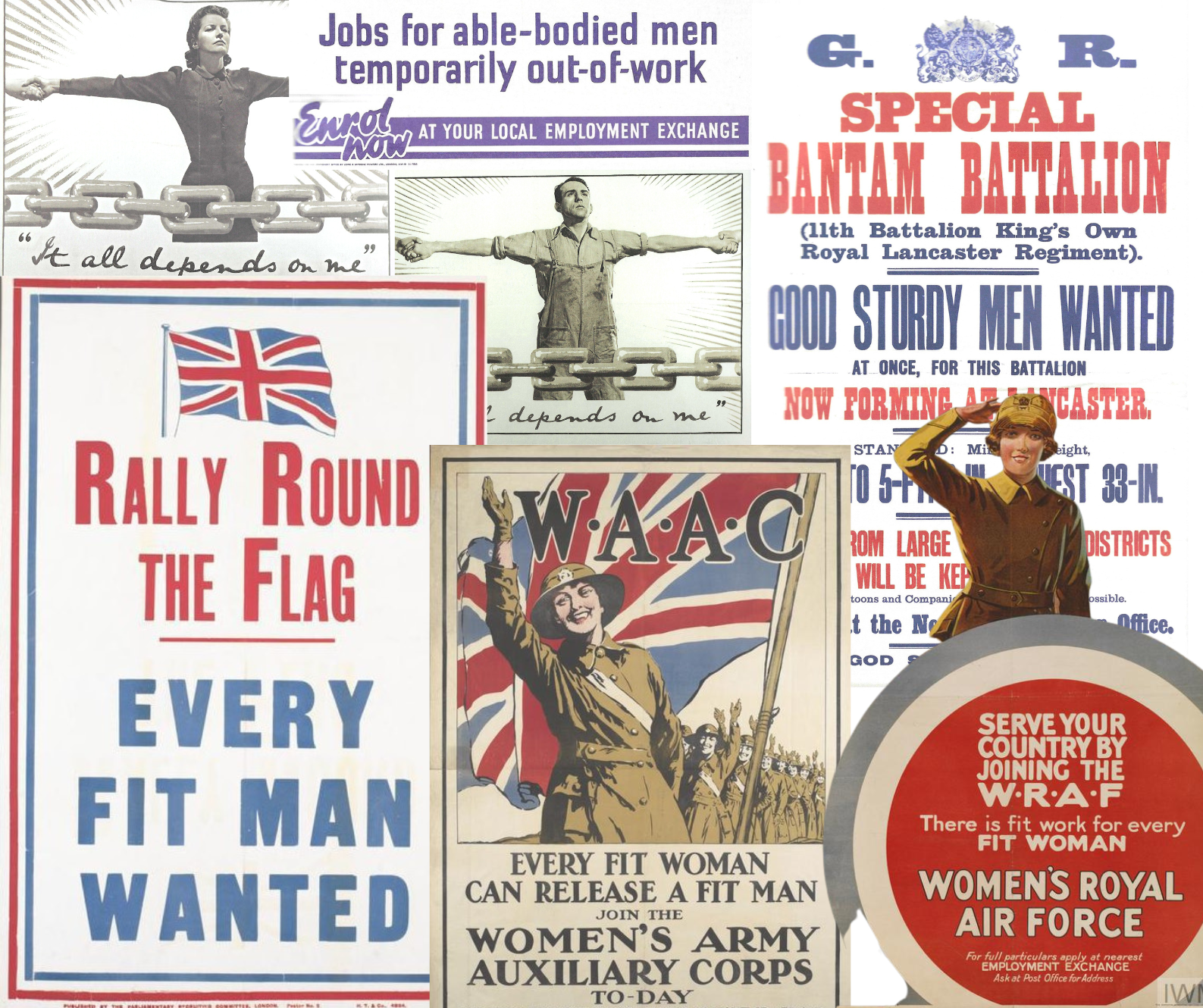 A collage of wartime recruitment posters.