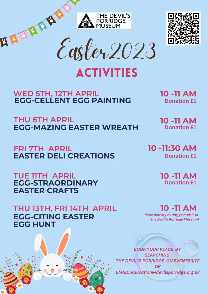 A poster advertising the Easter activities that happened at The Devil's Porridge Museum in 2023.