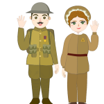 A cartoon soldier and a cartoon muntion worker stood next to each other.