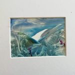 A piece of wax art of a blueish grey landscape.