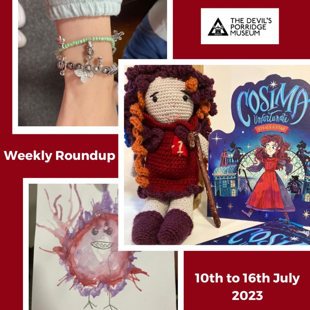 A collage of three photos including one of two bracelets worn by a child, one of a poster for the book "Cosima Unfortunate Steals a Star" with a knitted version of the book's main character and her stick and another photo of some ink art. Some text reads "Weekly Roundup 10th to 16th July 2023."