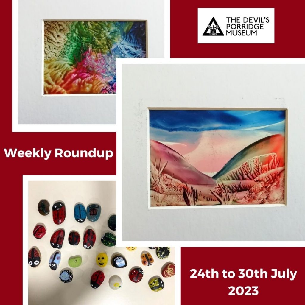 A collage of three photos. The first is of a colourful rainbow of wax art, the next is a wax art landscape and the last is a variety of rocks painted with different designs like ladybirds. Some text reads "Weekly Roundup 24to 30th July 2023."