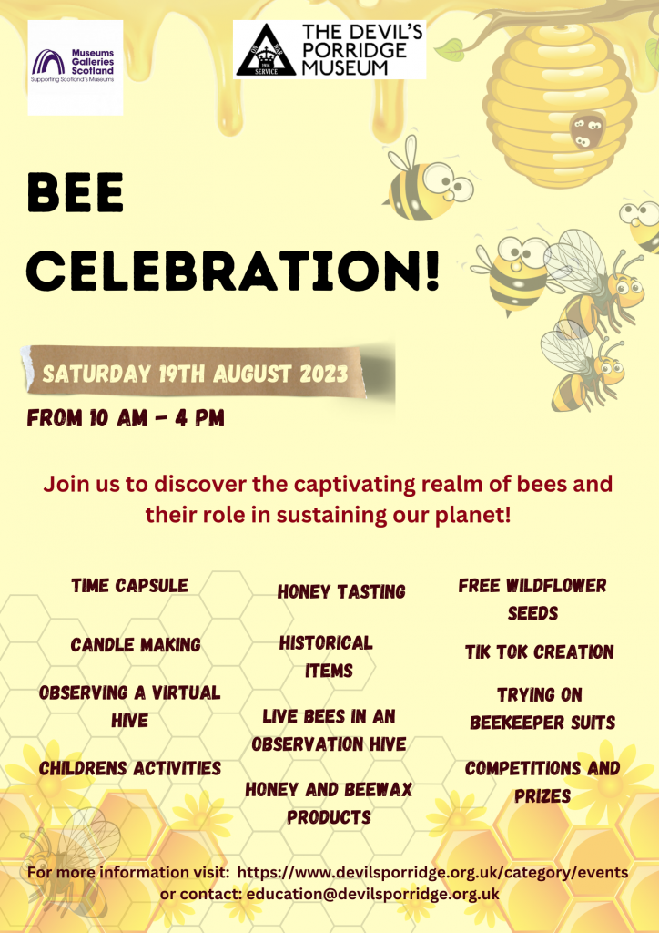 A poster for a "Bee Celebration" at The Devil's Porridge Museum, which happened on "Saturday 19th August 2023."