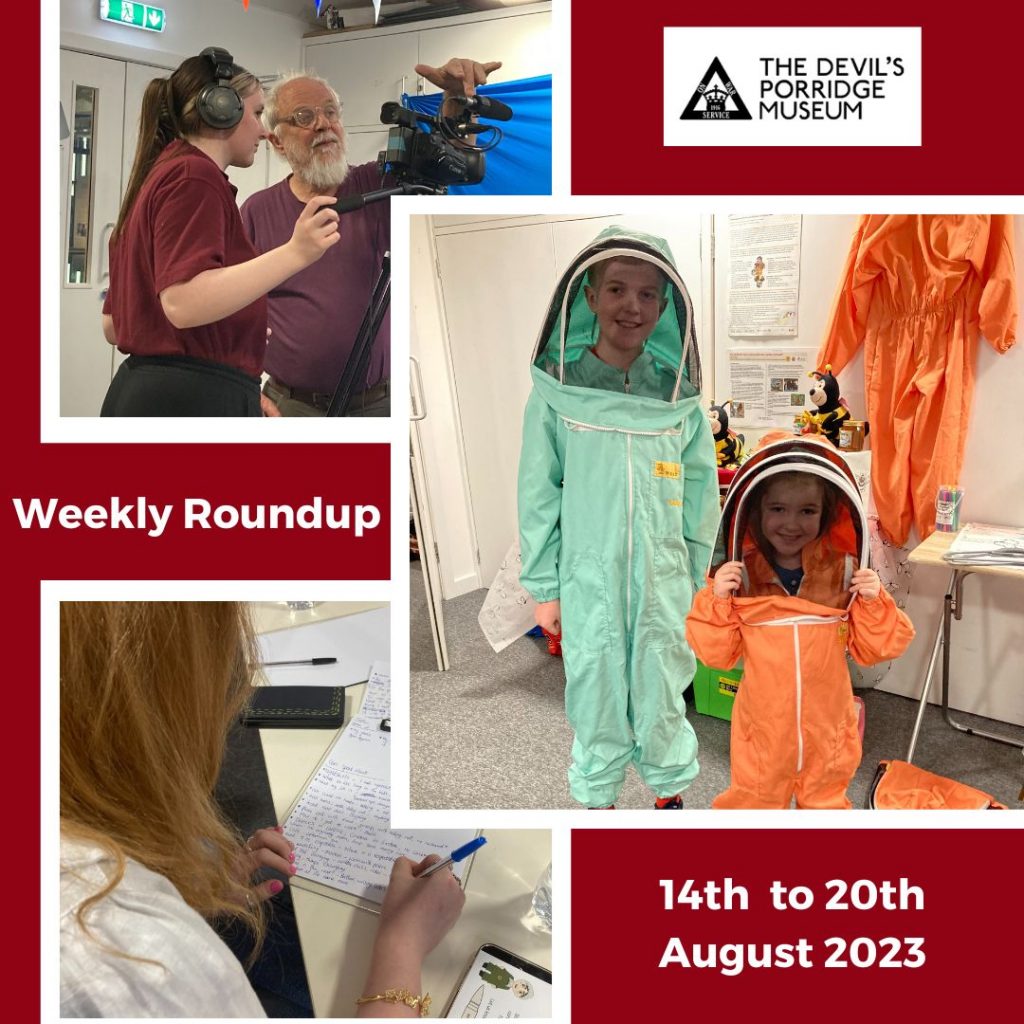 A collage of three photos. These are of two people using a camera, two children dressed up in bee keeping costumes and a person doing some creative writing. There is some text which reads "Weekly Roundup 14th to 20th August 2023."