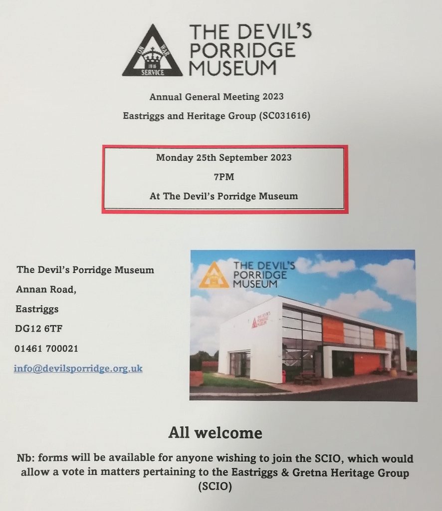 A poster for an annual general meeting that happened at The Devil's Porridge Museum on Monday 25th September 2023. This has now gone past.