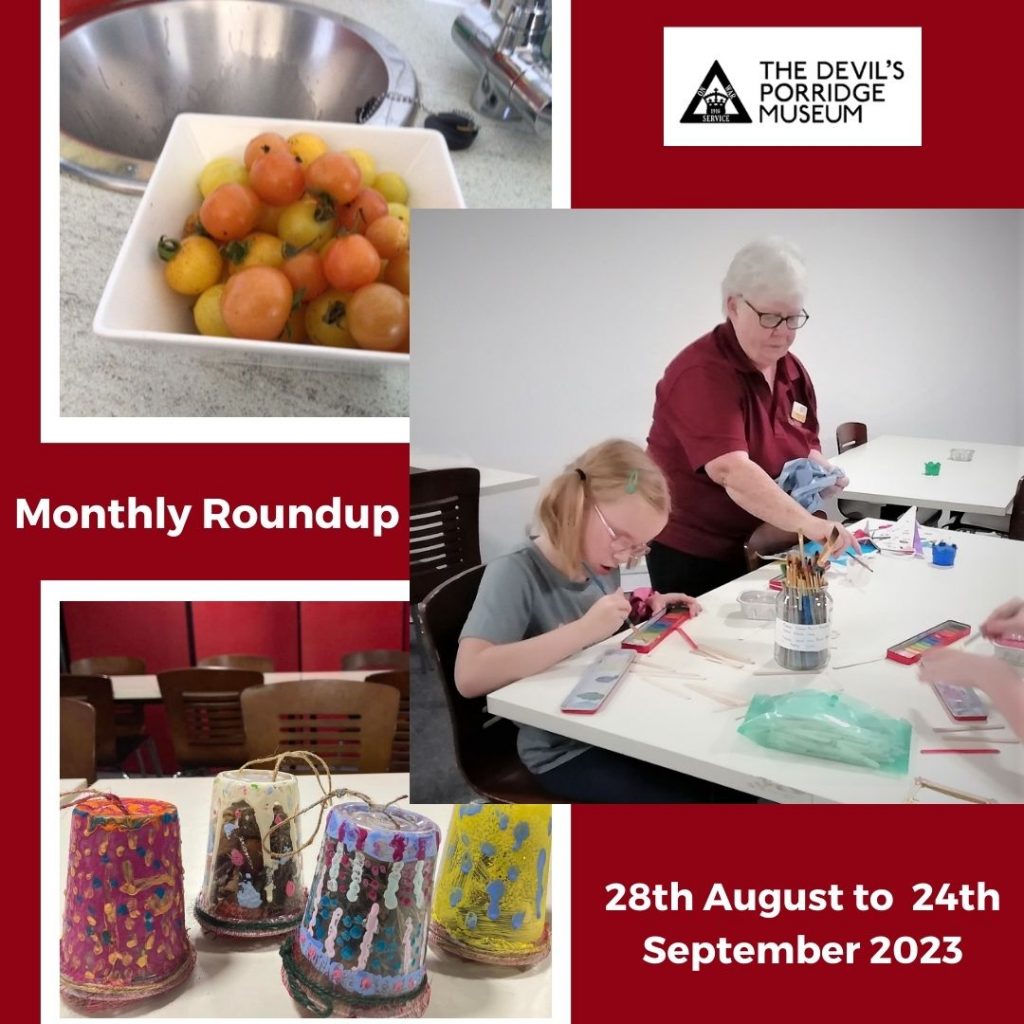 A collage of three photos. These are of some tomatoes, some handmade birdfeeders and some children painting at Arts and Crafts club. Some text reads "Monthly Roundup 28th August to 24th September 2023."