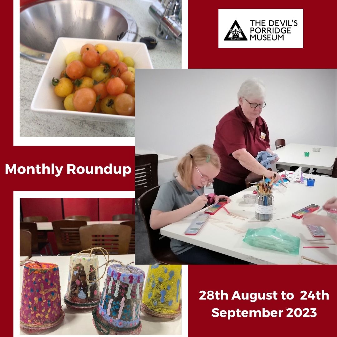 A collage of three photos. These are of some tomatoes, some handmade birdfeeders and some children painting at Arts and Crafts club. Some text reads "Monthly Roundup 28th August to 24th September 2023."