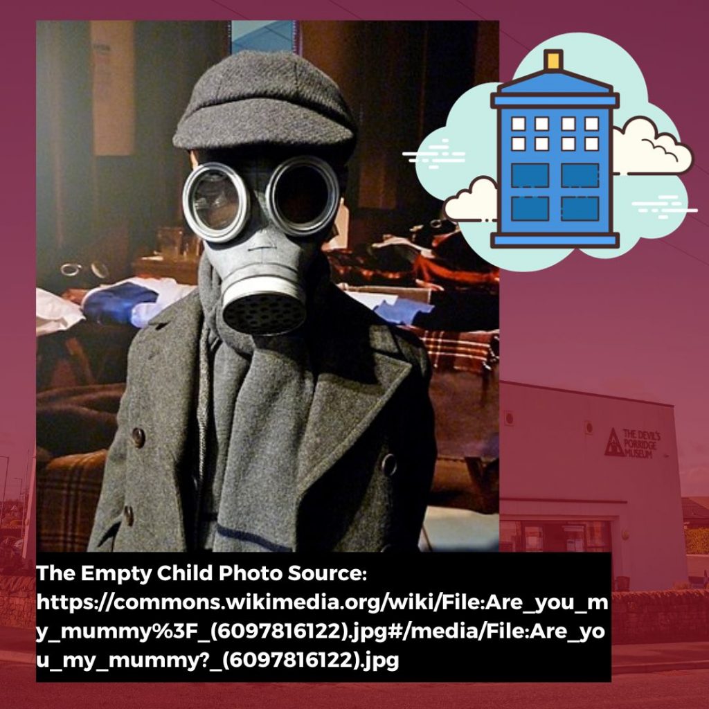 A photo of a creepy child wearing a gas mask with a illustration of a small phone box in the sky collaged on a burgundy background. A photo of The Devil's Porridge Museum is just visible behind the background. Some white text underneath the photo of the child with a gas mask gives that images source as Wikipedia.