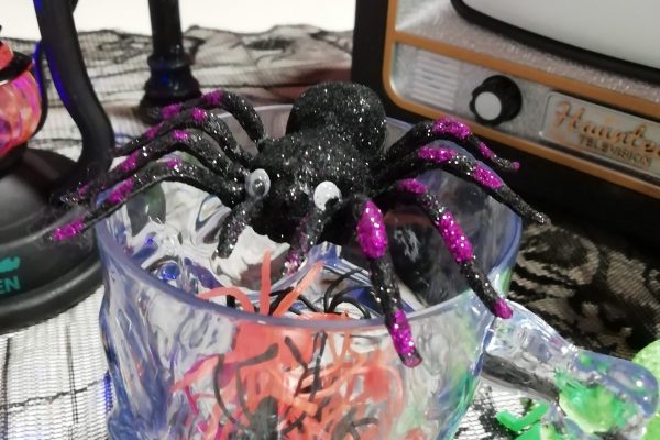 Halloween Party 2023 2 A photo of a glass containing a mystery number of plastic spiders. On top of the glass is a toy spider with googly eyes. In the background part of a Halloween lantern and a toy Halloween TV decoration.
