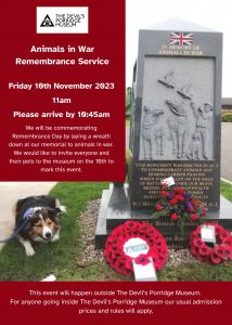 A poster for our 'Animals in War Remembrance Service' with a photo of a dog next to a stone memorial to animals in war. There are three wreaths in front of animals in war memorial.