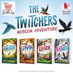 The Twitchers Museum Adventure poster with a photo of four Twitchers books. The Kids in Museum's and Walker Books logos also feature.