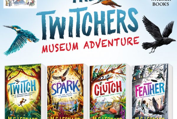 The Twitchers Museum Adventure poster with a photo of four Twitchers books. The Kids in Museum's and Walker Books logos also feature.