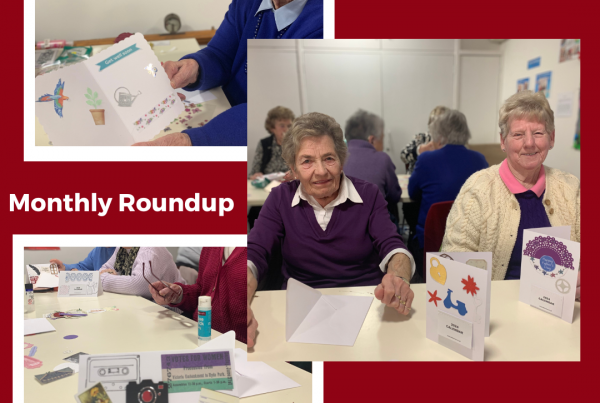 A collage of three photos featuring The Devil's Porridge Museum's Cordite Club making calendar cards. Some text reads "Monthly Roundup 18th December 2023 to 21st January 2024."