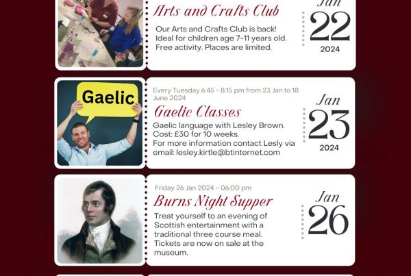 Calendar of events at The Devil's Porridge. Jan - Feb 2024. These include Arts and Crafts Club, Gaelic Classes, Burns Night Supper and Mid-Term activities.