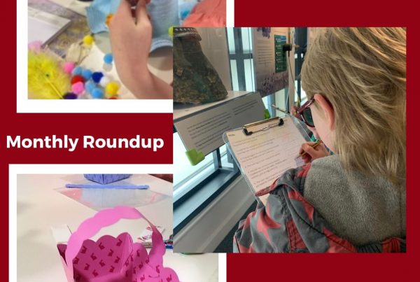 A collage of three photos of a child decorating an Easter hat, a young person looking at a Easter trail in the museum and a Easter basket. Some text reads "Monthly Roundup 18th March to 14th April 2024."