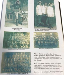 A page from a book with archive photos of Minnie and Alice Morton with some information about them.