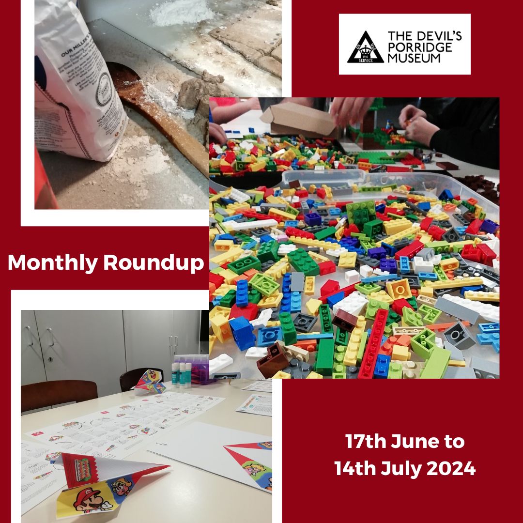 A collage of three photos including some baking equipment, some Lego and some Nintendo themed craft activities. There is some text, which reads Monthly Roundup 17th June to 14th July 2024.
