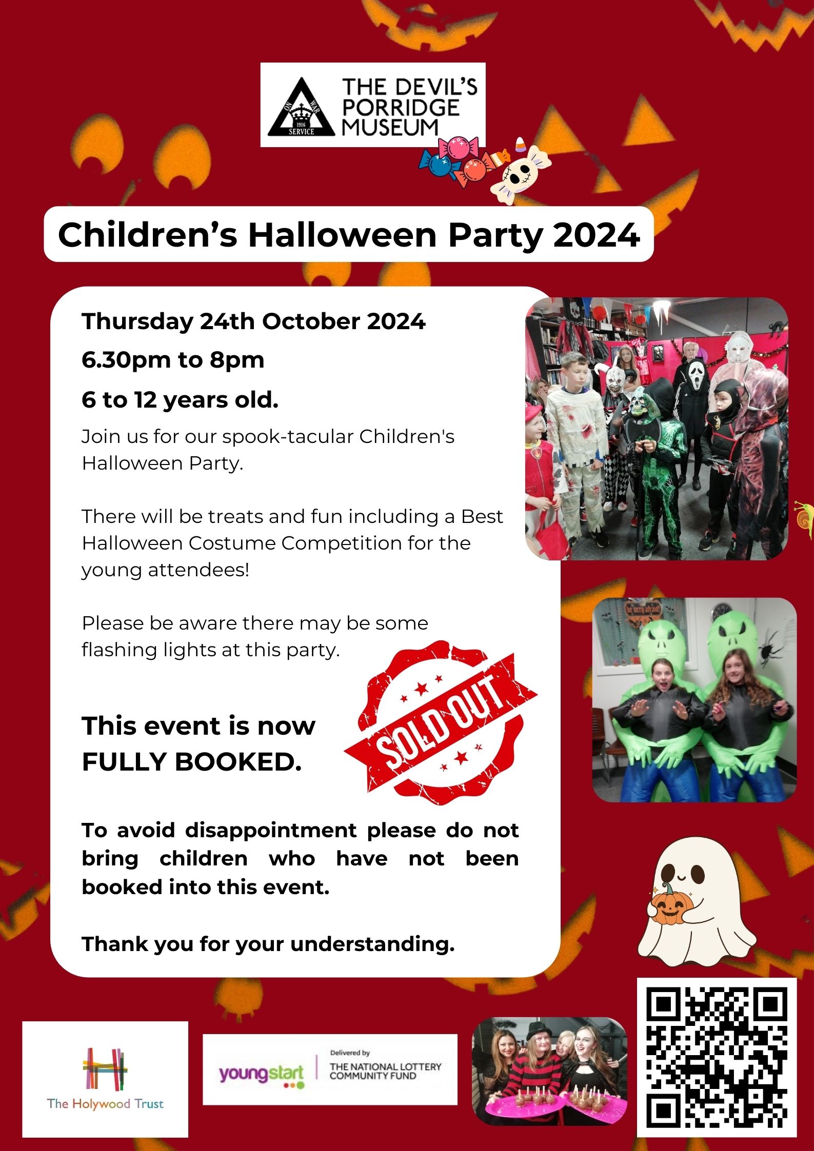 Children's Halloween Party 2024 Poster. This event is happening at 6.30pm to 8pm on Thursday 24th October 2024. It is now fully booked.