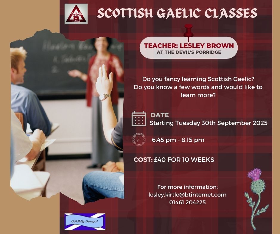 Poster advertising Scottish Gaelic lessons starting at The Devil's Porridge Museum on Tuesday 30th September with Lesley Brown.