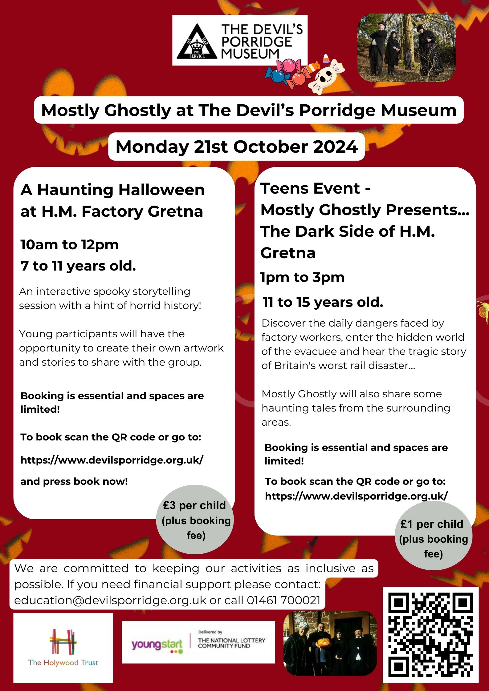 Poster for two events for young people with Mostly Ghostly happening on Monday 21st October 2024. The first of these events "A Haunting Halloween at H.M. Factory Gretna" is aimed at 7 to 11 year olds. The second "Teens Event - Mostly Ghostly Presents... The Dark Side of H.M. Gretna" is for 11 to 15 year olds. Booking is essential. Tickets are £3 per young person plus a booking fee.